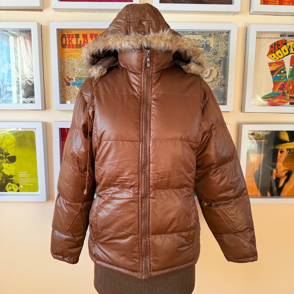 Y2K Brown Puffer Jacket with Faux Fur hood